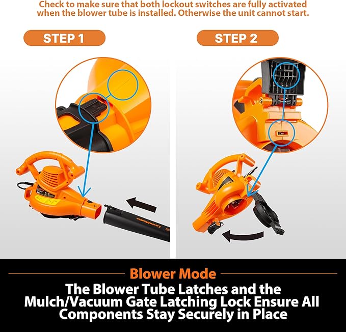 LawnMaster BV1210 Electric Blower Vacuum Mulcher 12 Amp 2-Speed Adjustment with Metal Impeller 240 MPH 380 CFM 16:1 Mulch Ratio with Collection Bag