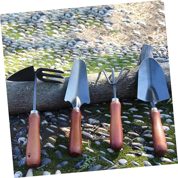 Mikikit 4pcs Mini Garden Tool Set Sturdy Iron Spade Handle for Planting Transplanting and Weeding Gardening Tools for Enthusiasts