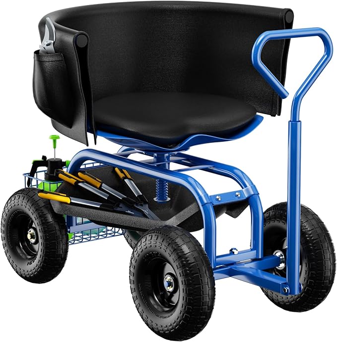 Garden Seat with Wheels Rolling Garden Stool with Adjustable 360°Swivel Seat Storage Basket &amp Extendable Handle Outdoor Gardening Scooter Garden Cart Workseat Stools for Seniors
