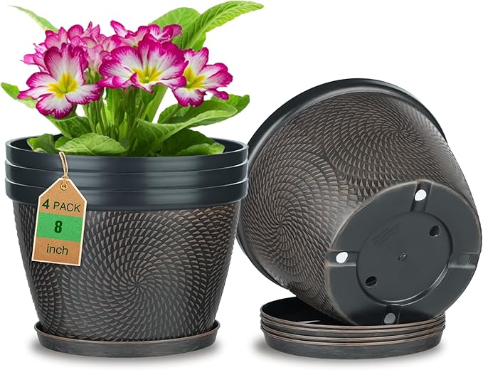 Quarut 4 Pack 8 Inch Flower Pots for Outdoor Indoor Plastic Plant Pots with Drainage Hole &amp Saucer Lightweight Small Flower Pot Circle Pattern Planters for Garden House planters（Brown）