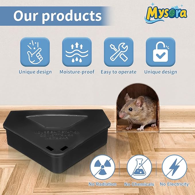 12 Pack Mouse Bait Stations with Visible Window &amp Keys Lockable Rodent Control Boxes Triangular Mice Traps Box for Indoor Outdoor Corners Garage Kitchen Bait Not Included (Black)