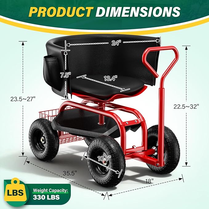 Garden Seat with Wheels Rolling Garden Stool with Adjustable 360°Swivel Seat Storage Basket &amp Extendable Handle Outdoor Gardening Scooter Garden Cart Workseat Stools for Seniors
