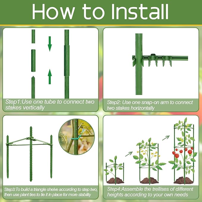 Halatool 8 Pack Tomato Cages for Garden Up to 48in(4FT) Adjustable Tomato CageGarden Stakes Tomato Trellis for Pots Green Tomato Plant Support with Snap-On Arms for Vegetables Plants(6 Buckles)