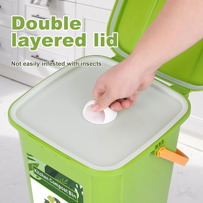 Compost Bin Outdoor 21 L Garden Composting Bin Bags Breathable Screen Window Reusable Garden Yard Waste Bags Speed Up Composting &amp Reduce Odors Indoor Small Kitchen Compost Bin with Lid Green