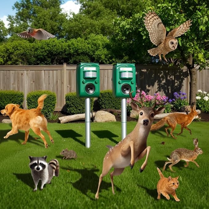 Solar Ultrasonic Animal Repellent Outdoor Squirrel Deer Repellent Devices Motion DetectionIP65 Waterproof Cat Mouse Raccoon Dog Bird Repellent Deterrent 2 Pack