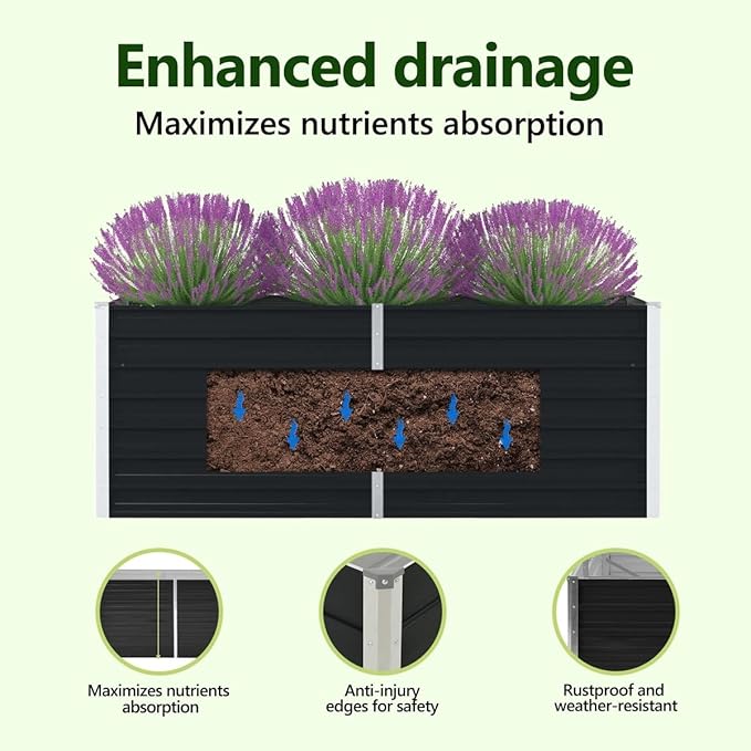 vidaXL Garden Raised Bed Galvanised Steel Rectangular Garden Planter for Flowers and Planters Raised Bed Weather-Resistant Anthracite 63x31.5x17.7