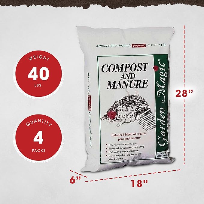 Michigan Peat 4-Pack Compost and Manure Blend Garden Magic Mix w/Odor-Free Blend 40 Lbs - Outdoor Lawn and Gardening Mixture with Nutrients and Minerals for Soil Potting and Planting
