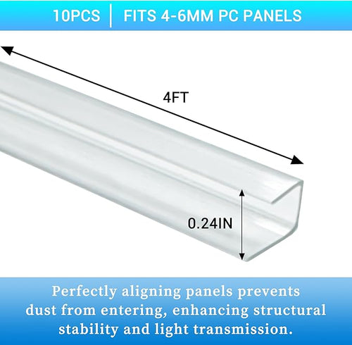 10 PCS Polycarbonate Greenhouse U Connector Profile 4ft Length Fits 0.16’’ &amp 0.24’’ Twin-Wall Polycarbonate Panels Duty Dust Rain &amp Moisture Protection Durabler (U-Clip 4' × 0.71’’ × 0.24’’)