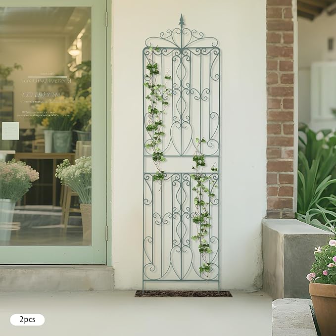 2 Pack Iron Garden Trellis for Climbing Plants 93 Heavy Duty Rustic Scrollwork Panel for OutdoorRose Vines Cucumbers Support Greenhouse Flowerbed Backyard (Green)