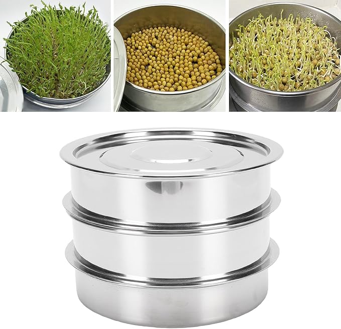 AUNMAS Seed Sprouting Kit Sprout Grower Kit with Lid Base for Home Gardening Beans Peas 6.7in Stainless Steel Mesh (3 Layer)