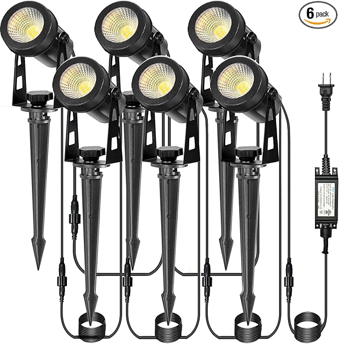 Outdoor Landscape Lighting LED Spot Lights Kit for Garden Yard House Lawn Tree Flags Fence Use Warm White 2700k-3300k IP67 Waterproof &amp Connectable - 6 Pack