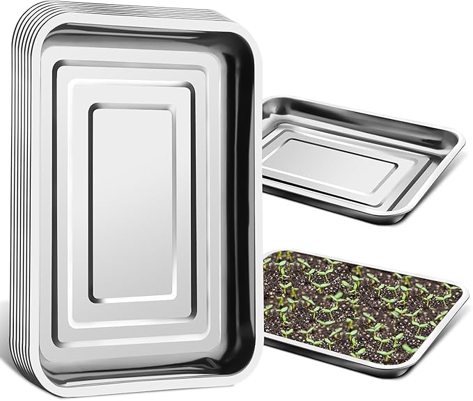 Stainless Metal Trays Stainless Steel Seed Starter Carry Tray Fit 54 Cell Plug Tray Nursery Seedling Pots Water Collection Transplantation (11.6 inch×15.2 inch 1.45 Height 10-Pack)