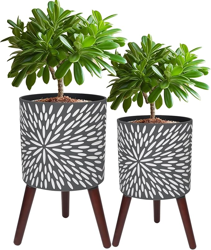 10 &amp 12 Inches Plant Pot with Stand Set of 2 Large Matte Gray Modern Planters for Indoor Outdoor Plants with Drainage Holes Big Flower Pots with Wood Legs