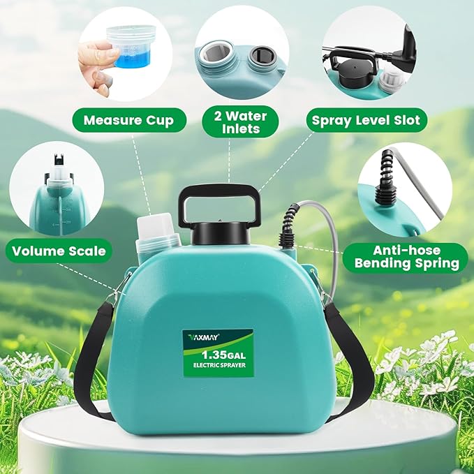 Battery Powered Sprayer 1.35 Gallon 2026 Electric Garden Sprayer with 3 Adjustable Speeds 4 Mist Nozzles Rechargeable Handle Retractable Wand with Adjustable Shoulder Strap for Weed Lawn(Green)