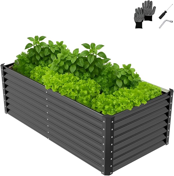 VINGLI Galvanized Raised Garden Beds Outdoor 6x3x2 Ft 8x4x2 Ft Lager Metal Planter Raised Beds for Planting Vegetables Flowers Herb (6 * 3 * 2（Square）)