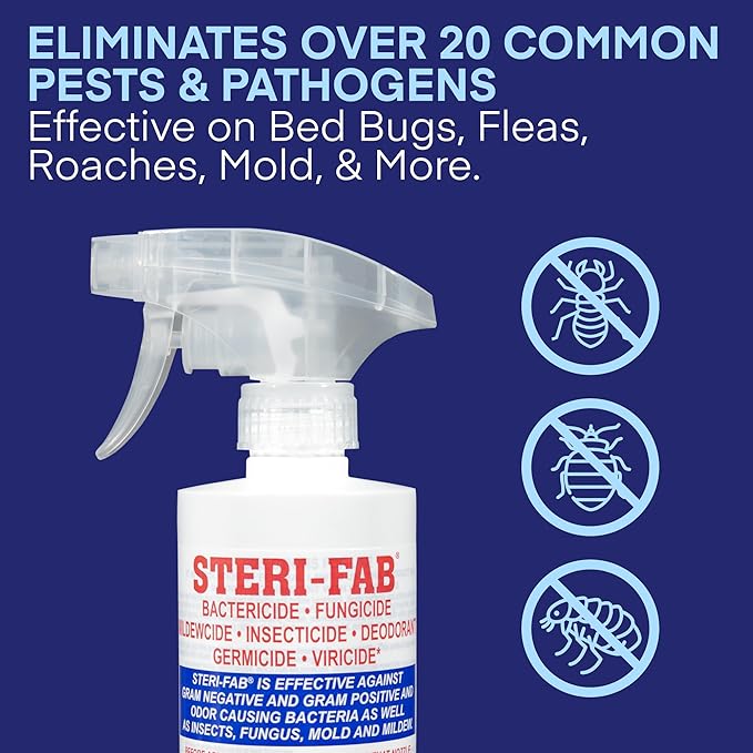 Steri-fab All-in-One Disinfectant Spray – Kills Bed Bugs Fleas Mites Roaches Viruses Fungi &amp Odors – Quick-Drying Non-Residual 16 Ounce Sprayer Bottle