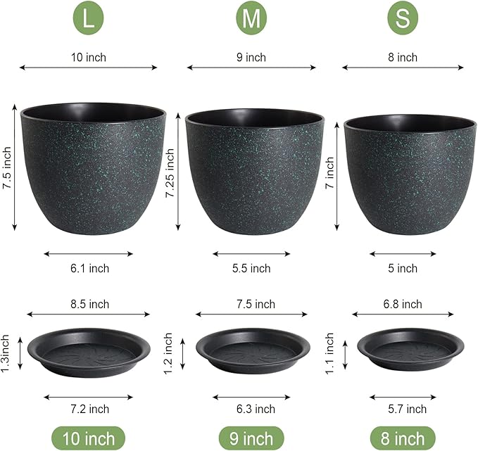 WOUSIWER Plant Pots 10/9/8 inch Set of 3 Modern Decorative Plastic Planters with Drainage Holes and Saucers for House Plants Indoor Flowers Plants Black with Green Speckles
