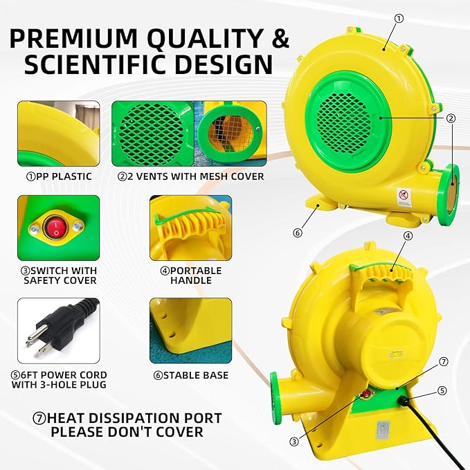 Inflatable Bounce House Blower QILEBA 1100Watt/1.5HP Powerful Air Blower for Large Inflatables Portable Bubble House Blower Fan Pump for Spray Booth Bouncy Castle Jumper Water Slid Blower Corded