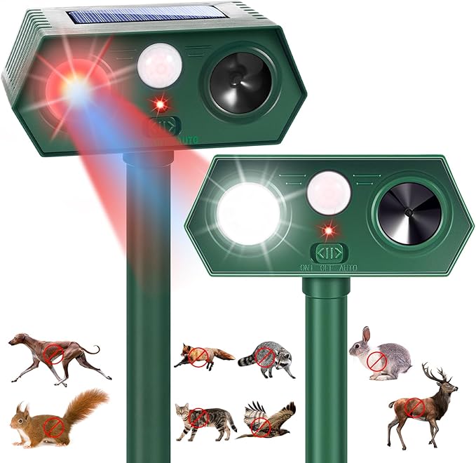 2025 Solar Ultrasonic Racoon Fortress Pro Deer Cat Repellent Devices Animal Repeller Squirrel Rabbit Deterrent Outdoor with Motion Sensor&ampFlash Light to Scare Dog Skunk Out of Garden Yard(2Pack)