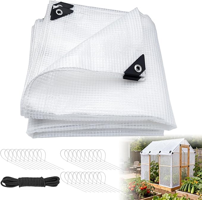 16Mil Clear Greenhouse Tarp Heavy Duty Clear Tarp with Grommets 10x10FT Reinforced Poly Transparent Greenhouse Plastic Cover Waterproof UV Resistant for Gardening Farming Canopy Chicken Coop