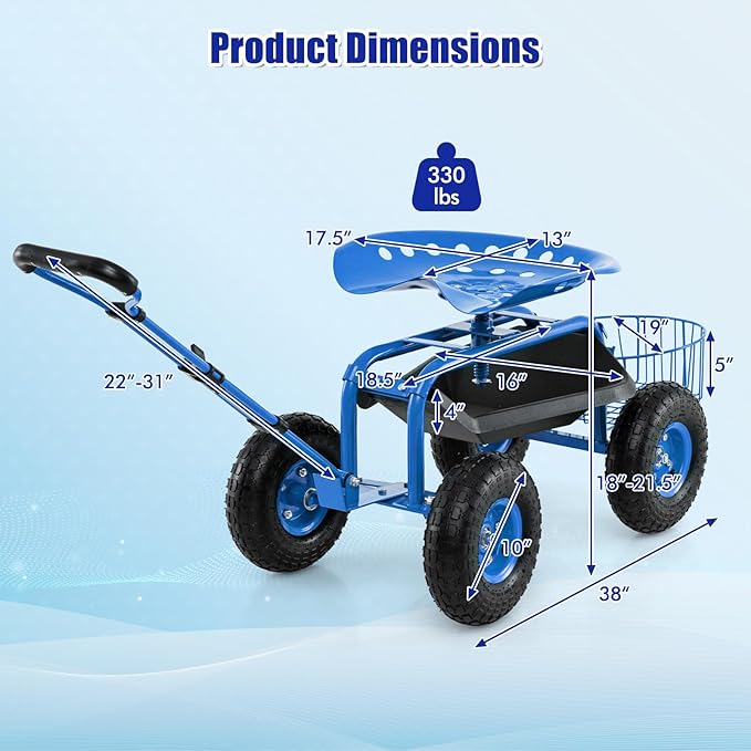 Goplus Rolling Garden Cart with Seat Outdoor Garden Stool with Wheels Tool Tray &amp Basket Adjustable Steering Handle 360 Degree Swivel Seat for Planting Gardening Scooter for Lawn Yard Patio