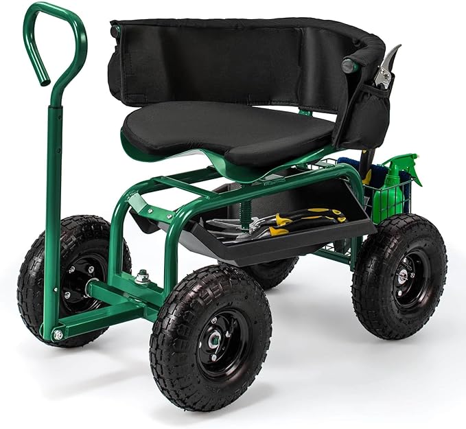 Rolling Garden Cart Swivel Gardening Seats with Seat &amp Tool Storage Green
