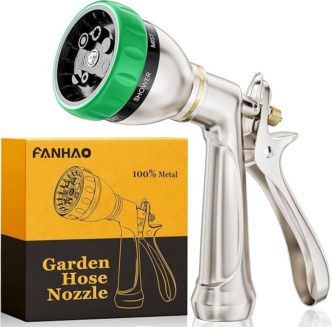 FANHAO Heavy Duty Garden Hose Nozzle 100% Metal Water Hose Sprayer with 7 Spray Patterns Ergonomic Rear Trigger High Pressure Water Nozzle Sprayer for Watering Plants Washing Car and Pet