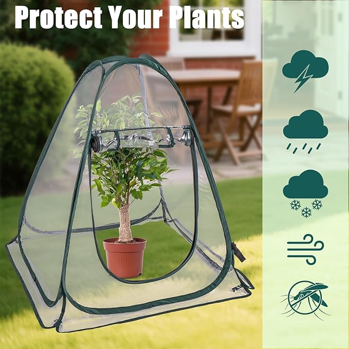 2 Pack Pop Up Greenhouse Plant Tent with 8 Ground Nails &amp 2 Carry Bags Roll-Up Door Easy Folding for Storage Creates Warmth for Plants Protection from Cold for Backyard (27.5 x 27.5 x 31.5
