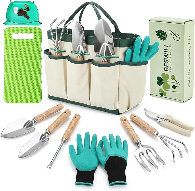 10-Piece Heavy-Duty Gardening Tools Set with Tote Bag - Rust-Proof Aluminum Gardening Hand Tools with Non-Slip Ergonomic Wood Handle - Gardening Supplies Set Ideal Gift for Men &amp Women