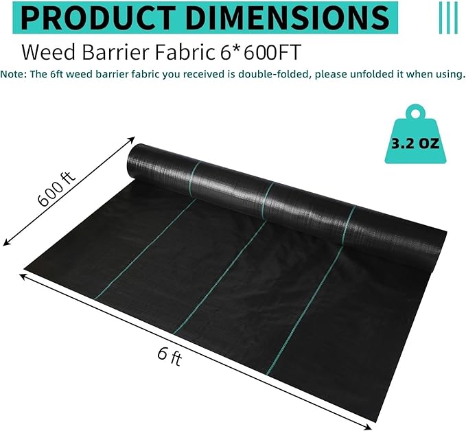 GarveeLife 6 x 600 ft Weed Barrier Fabric3.2 oz Landscape FabricHeavy Duty PP Ground Cover for GardeningFarming
