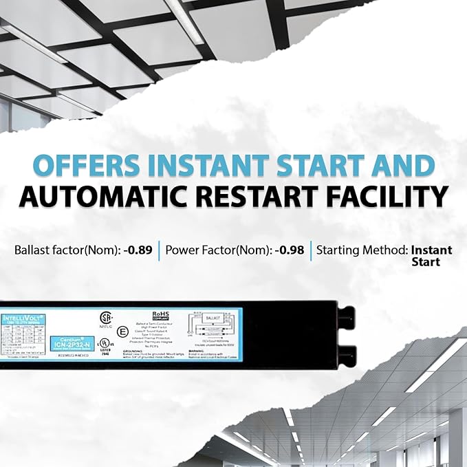 ICN2P32N 120-277V 50-60Hz Input Frequency Solid Wire Type Instant Start Centium Electronic Fluorescent Ballast for 2 F32T8 Lamp Type Indoor/Outdoor Use with Automatic Restart Ballast Box