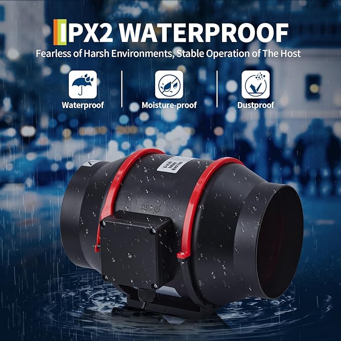 6 Inch Inline Duct Fan with Stepless Speed Control IPX2 Waterproof Energy Efficient Ventilation 312 CFM 25dB for Hydroponics Grow Tents Greenhouse Bathroom Kitchen Exhaust Fan Blower