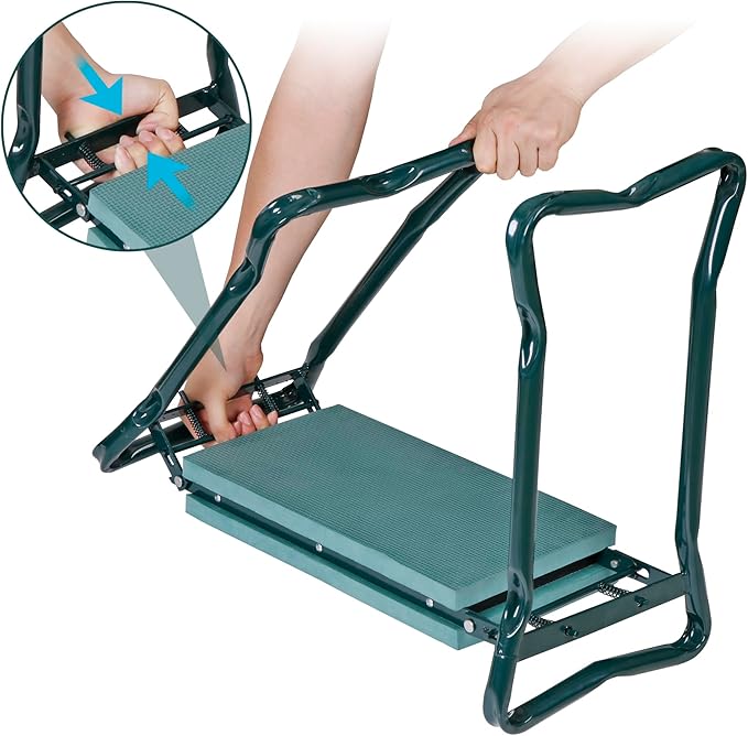 Folding Garden Kneeler Bench Heavy Duty Garden Stool Kneeling Pad Bench Seat for Kneeling to Prevent Knee Pain Lightweight Portable Gardening Supplies with Extra Tool Pouches EVA Foam Pad