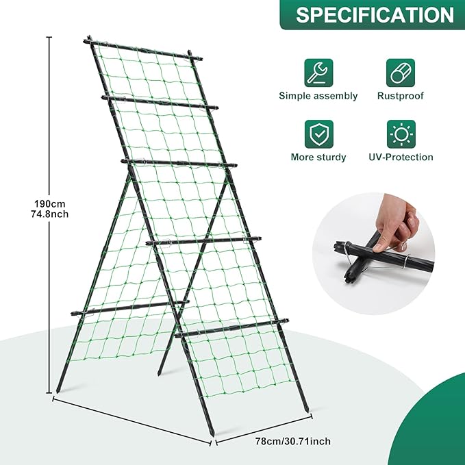 Cucumber Trellis A Frame Garden Trellis Vertical Plant Support with Netting for Raised Bed Backyard Gardening PE Coated Steel Climbing Trellis for Cucumbers Tomatoes Beans