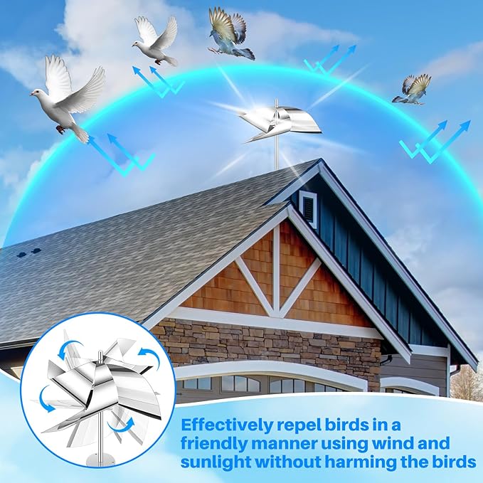 Qualirey 4 Pack Reflective Pinwheel Bird Deterrent Spinning Reflective Kites Bird Scare Device Keep Pigeon Woodpeckers and Sparrows Away Outdoor Use Boats Roofs Vegetable Gardens