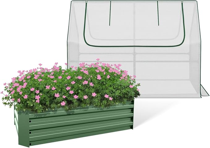 BPS Raised Garden Bed Set 4x2x1 FT Metal Bottomless Flower Bed with PE Cover for Outdoor Planting White