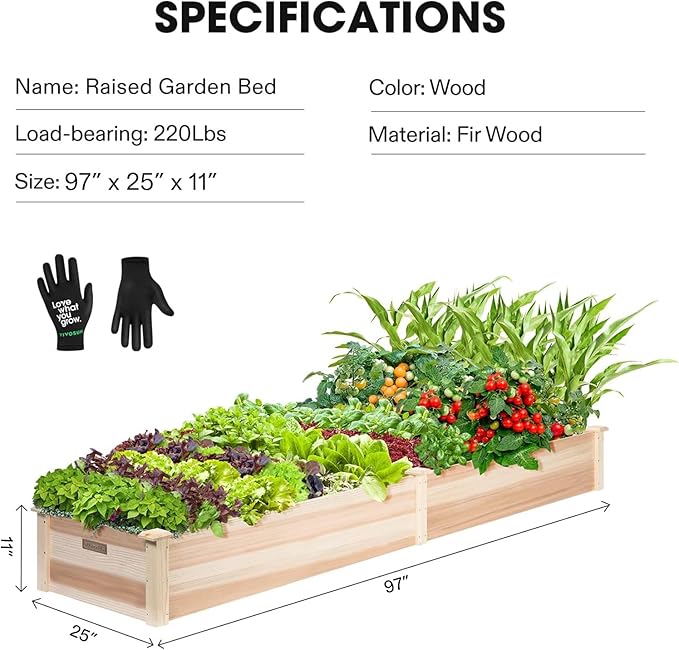 VIVOSUN 8×2Ft Wooden Raised Garden Bed 97 x 25 x 11 Inches Outdoor Wood Planter Box with Gloves and a Liner for Garden Patio Balcony Backyard and Outdoors (Pack of 2)