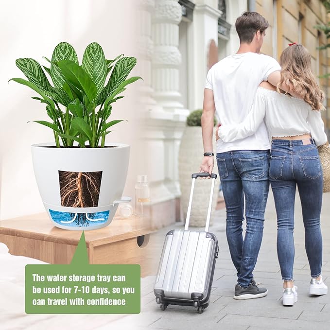 Large Self Watering Pots 12/10/9 Plastic Planters with High Drainage Holes and Deep Reservoir for Indoor Outdoor Garden Plants and Flowers White