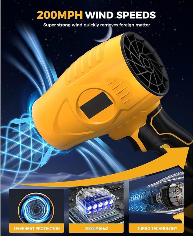 Leaf Blower Cordless Handheld 800000 RPM Rechargeable with Extended Nozzle and 2 Batteries Lightweight Electric for Car Drying and Patio (US Plug)