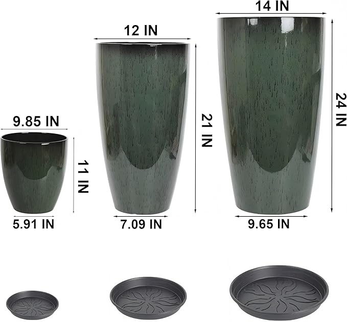 242111 Inch Large Plastic Planters with Drainage Hole and Saucer - Set of 3 Tall Plant Pots Indoor Flower Pot Tall Round Planters Outdoor Large Tall Planter