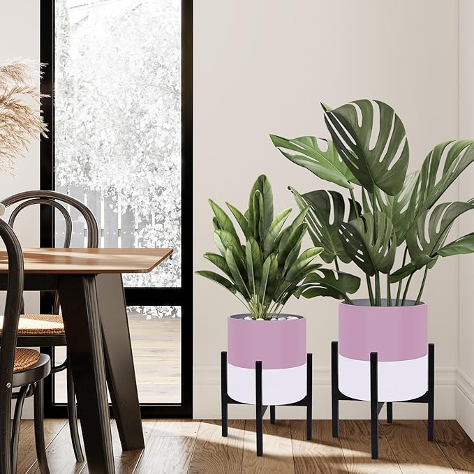 Planter with Stand Set of 2 Modern Plant Pots with Metal Legs IndoorFlower Pots with Drainage Holes Matching Decorative Garden Pot for Living Room Office Garden or Balcony 10 &amp 12 Inches