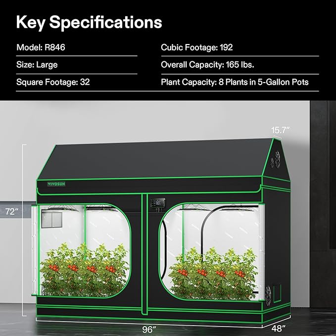 VIVOSUN R846 4x8 Grow Tent 96x48x72 Roof Cube Tent with Observation Window and Floor Tray for Hydroponics Indoor Plant for VS4000/VSF4300