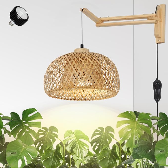 HMVPL Hanging Grow Lights for Indoor Plants Full Spectrum Boho Plant Lights for Indoor Growing with 20W COB Grow Light Bulb Bamboo Wall Mounted Grow Light with Swing Arm Timer for Large Small Plant