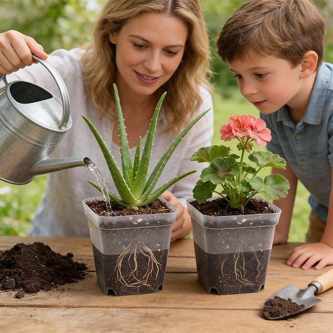 60 Pcs Clear Square Nursery Pots 4 Inch Reusable Seedling Pots with Drainage Holes Transparent Small Plant Potting Pot Containers for Seedlings Microgreens Flowers Indoor Gardening