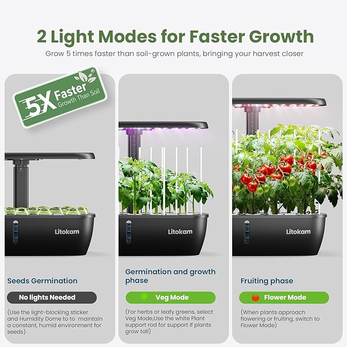 litokam Hydroponics Growing System Kit 15 Pods Indoor Herb Garden with Smart APP &amp Quiet Pump 24W LED Light Auto Timer Perfect Indoor Garden for Herbs Vegetables &amp Flowers Ideal for Plan