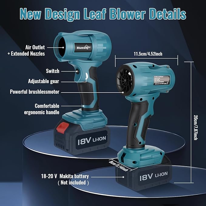 Blumway Cordless Leaf Blower for Makita 96000RPM 18-20V Electric Leaf Blowers with 5 Extended Nozzles Portable Leaf Blower Handheld Leaf Blowers for Lawn Care Yard Dust Leaves (No Battery)