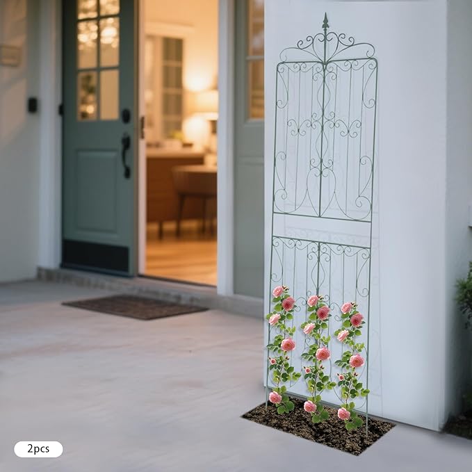 2 Pack Metal Garden Trellis Panel 93 H x 26 W Outdoor Decorative Flower Arched Fence Trellis for Climbing Plants Patio Wall Panel Climbing Rose Support for Yard Lawn (Green)