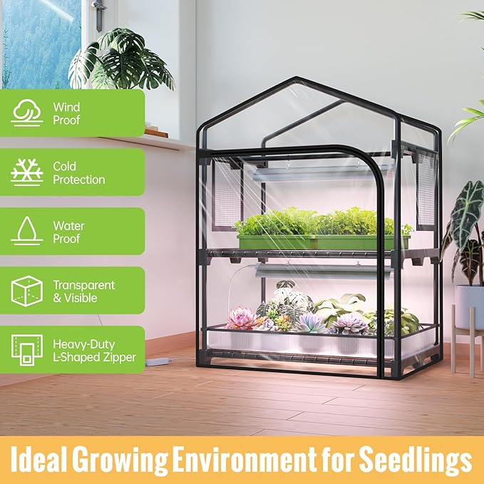 Mini Indoor Greenhouse with Grow Light 2-Tier Plant Stand with PVC Tent Ventilation Window Bottom Pouch 20W Full Spectrum Grow Light with Timer for Seed Starting 27 L x 19 W x 35 H
