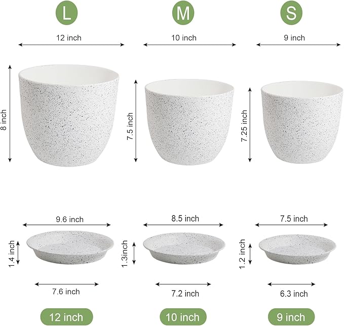12/10/9 Large Modern Plant Pots Plastic Planters with Drainage Holes and Saucers for Indoor Outdoor Plants Flowers White Speckles