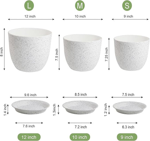 12/10/9 Large Modern Plant Pots Plastic Planters with Drainage Holes and Saucers for Indoor Outdoor Plants Flowers White Speckles